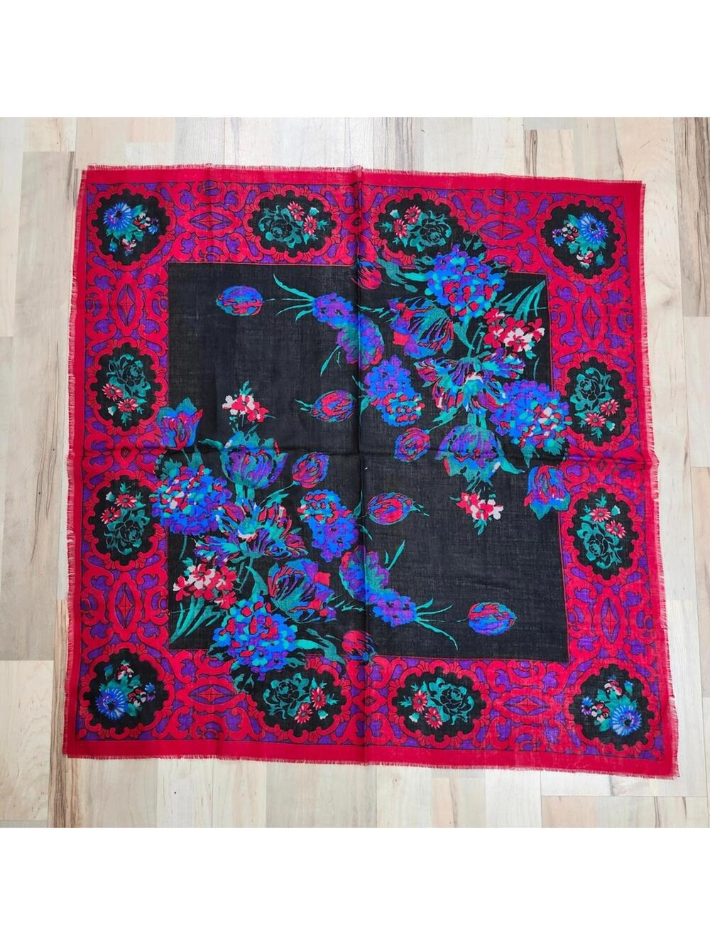 Berkshire Challis Floral Scarf Shawl Fringed Colorful Accent Square
